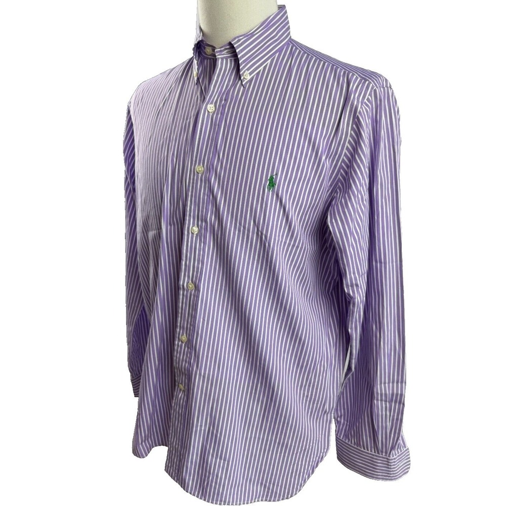 Ralph Lauren Mens Purple White Striped Shirt Long‎ Sleeve Size 16 40/41
